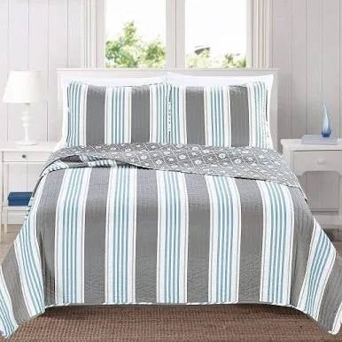 King Coastal Starfish & Sand Dollar Quilt Set - Gray, Blue & White, 3-Piece