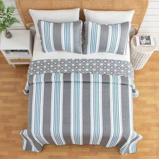 King Coastal Starfish & Sand Dollar Quilt Set - Gray, Blue & White, 3-Piece