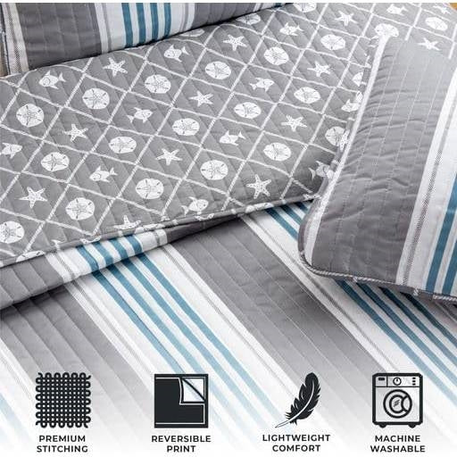 King Coastal Starfish & Sand Dollar Quilt Set - Gray, Blue & White, 3-Piece