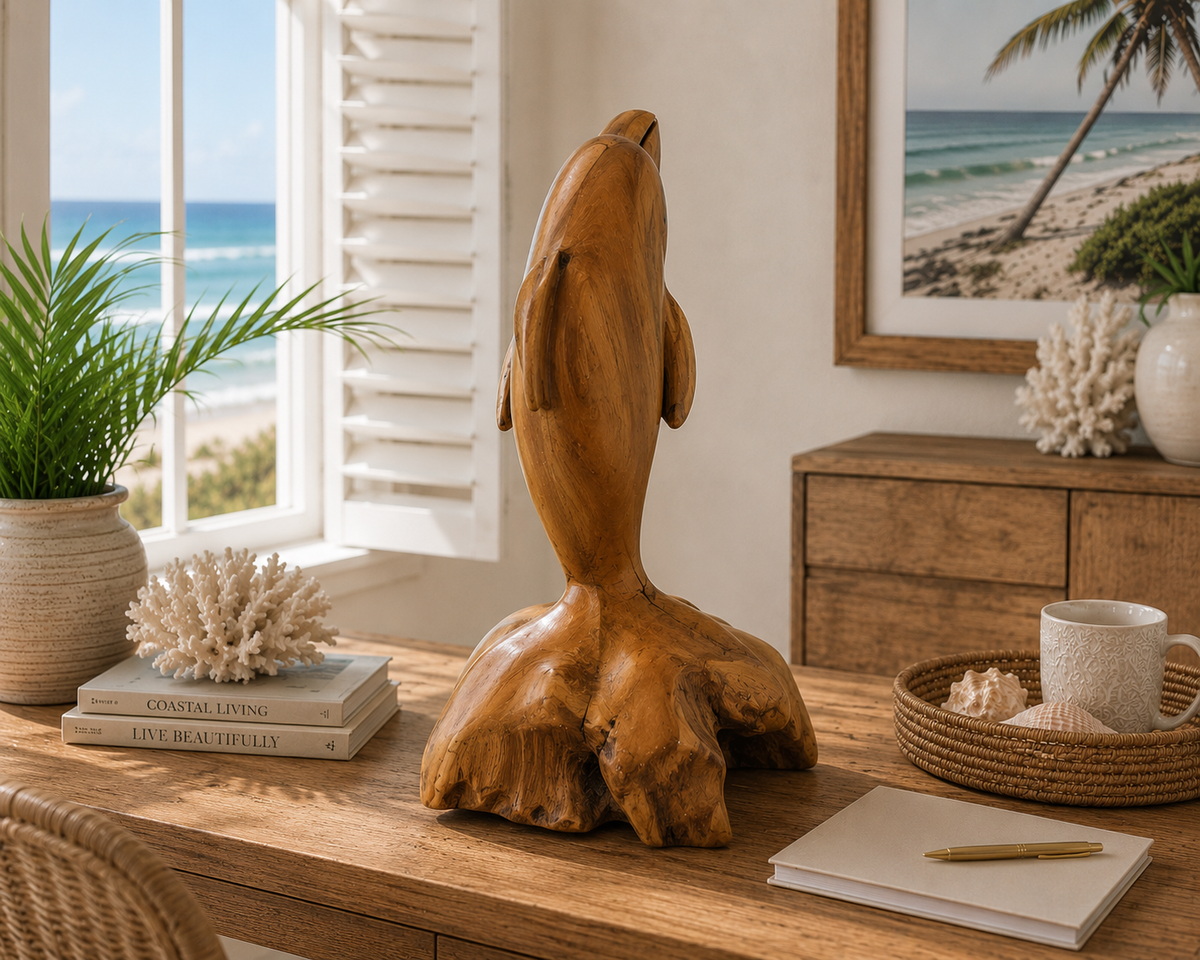 Hand-Carved Teak Dolphin Sculpture