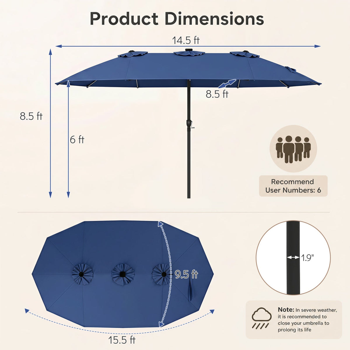 Oversized Solar LED Patio Umbrella – 15.5'