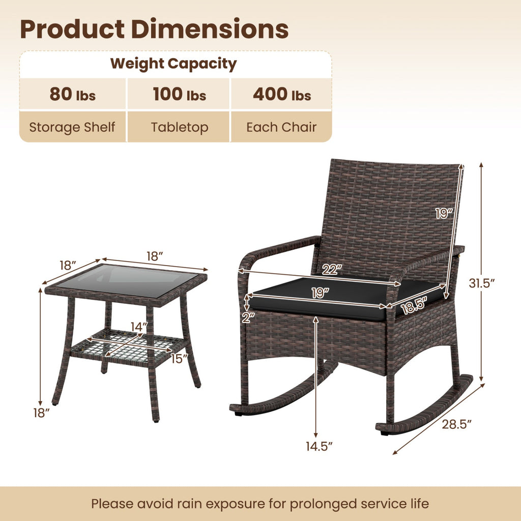 3-Piece Woven Rattan Rocking Bistro Set