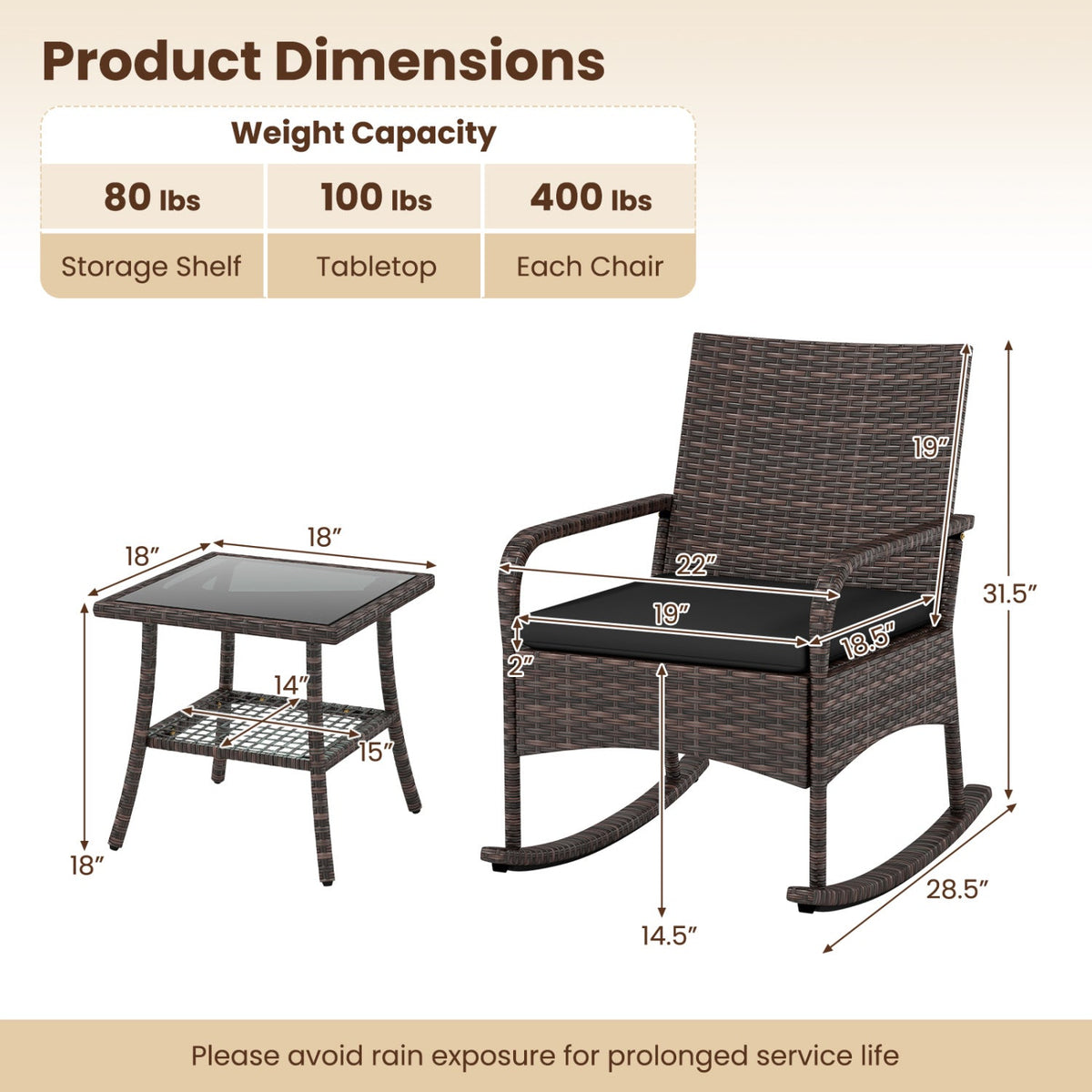 3-Piece Woven Rattan Rocking Bistro Set