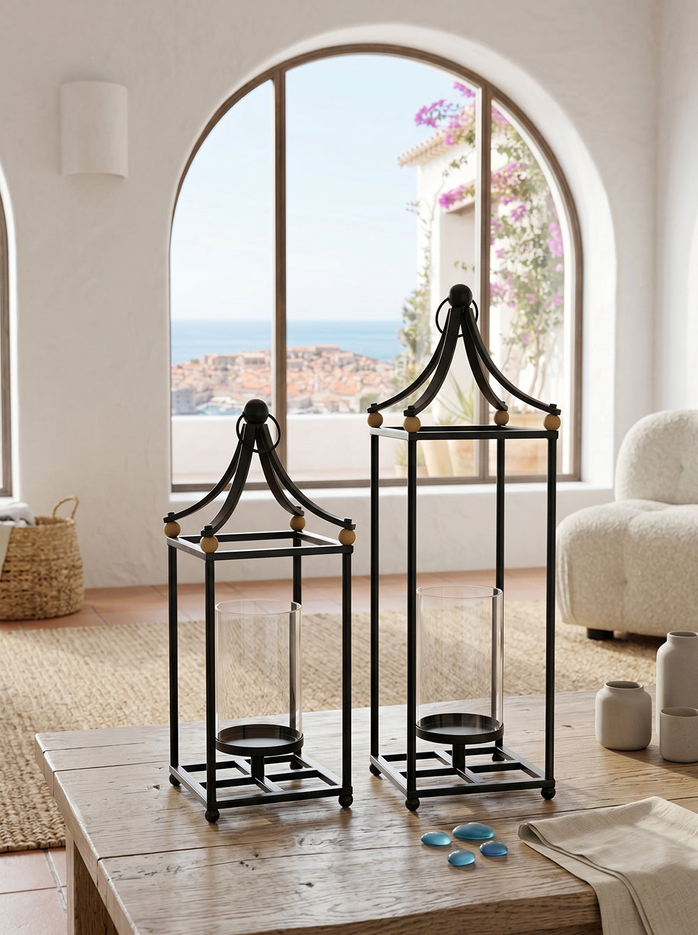 Arched Iron & Wood Lanterns – Set of 2