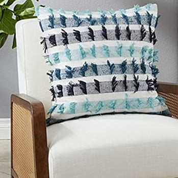 Boho Striped Fringe Cotton Throw Pillow — Blue, 20" x 20"