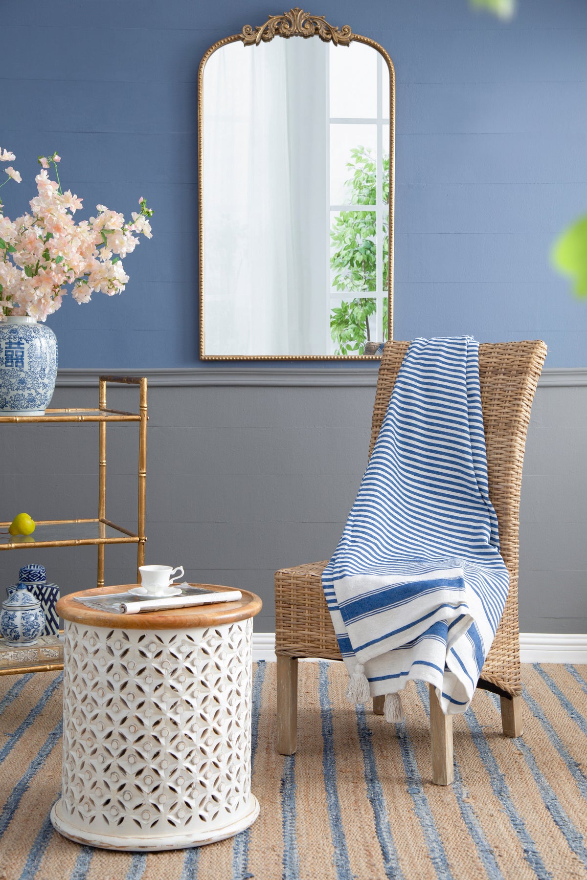 Blue & White Striped Cotton Throw Blanket
