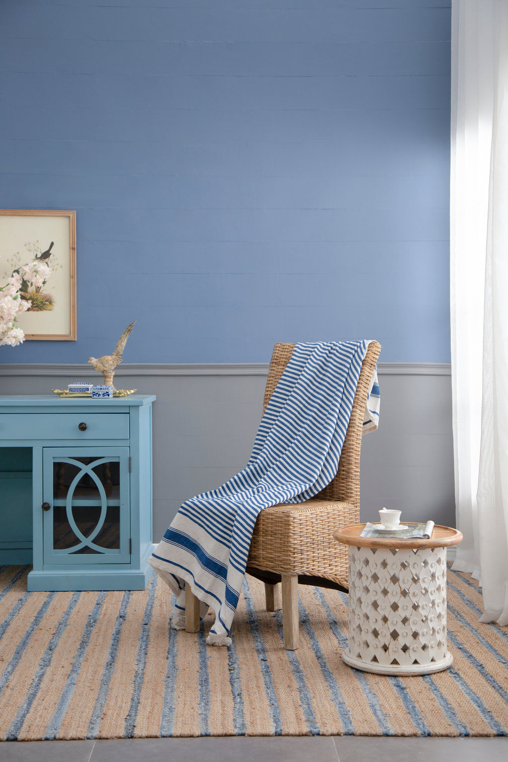 Blue & White Striped Cotton Throw Blanket
