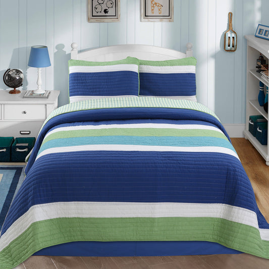 Waylon Blue & Green Patchwork Cotton Quilt Set