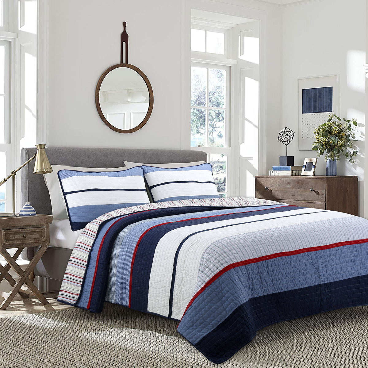 Levi Jean Blue Striped Cotton Quilt Set