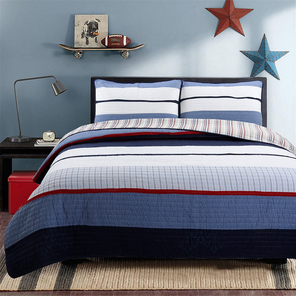 Levi Jean Blue Striped Cotton Quilt Set