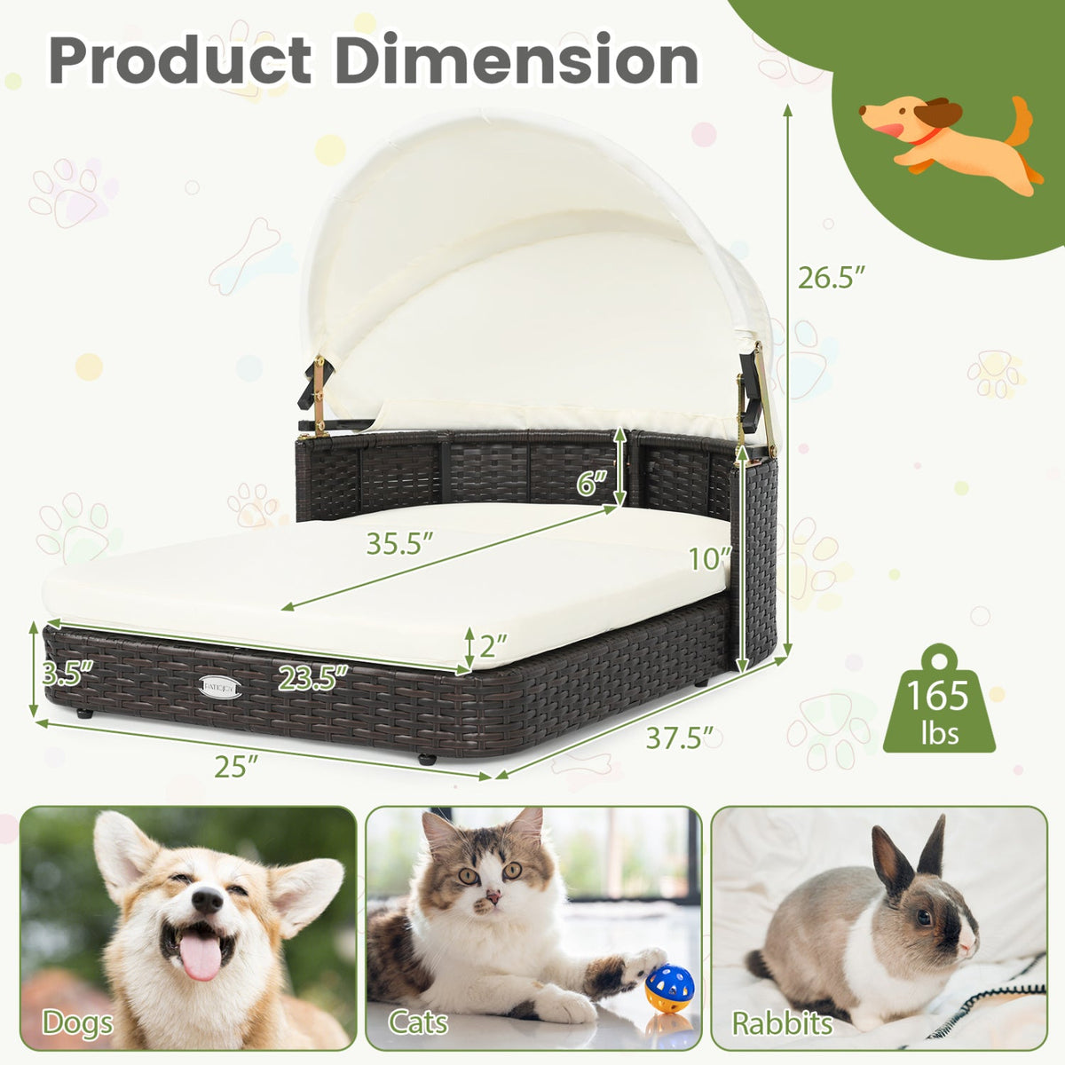 Rattan Pet Daybed with Adjustable Canopy