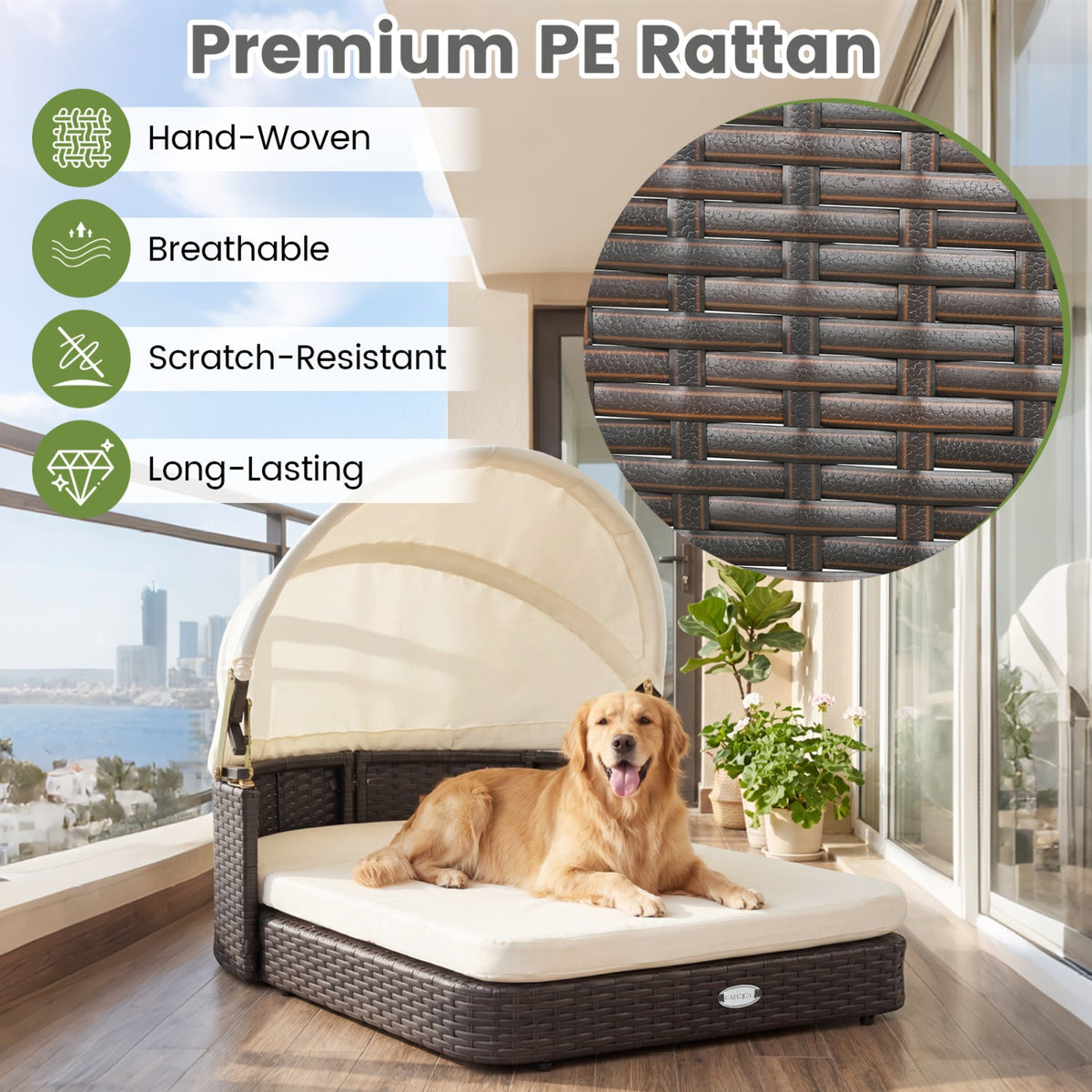 Rattan Pet Daybed with Adjustable Canopy
