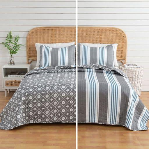 King Coastal Starfish & Sand Dollar Quilt Set - Gray, Blue & White, 3-Piece