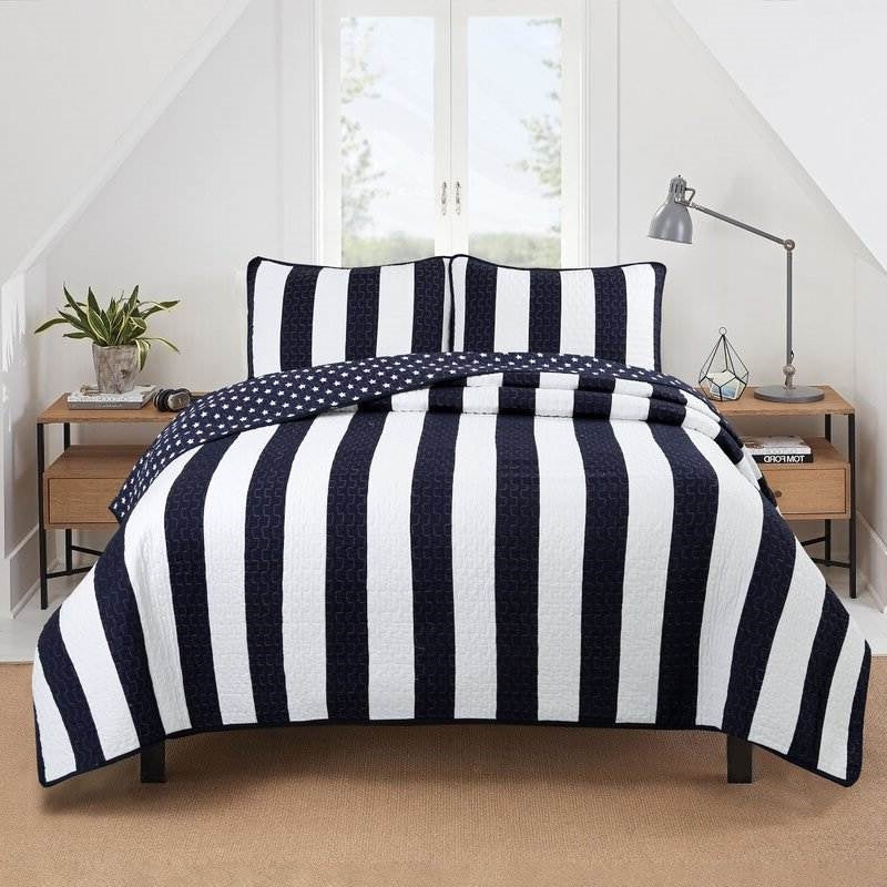 Navy Stars & Stripes Reversible Cotton Quilt Set – King