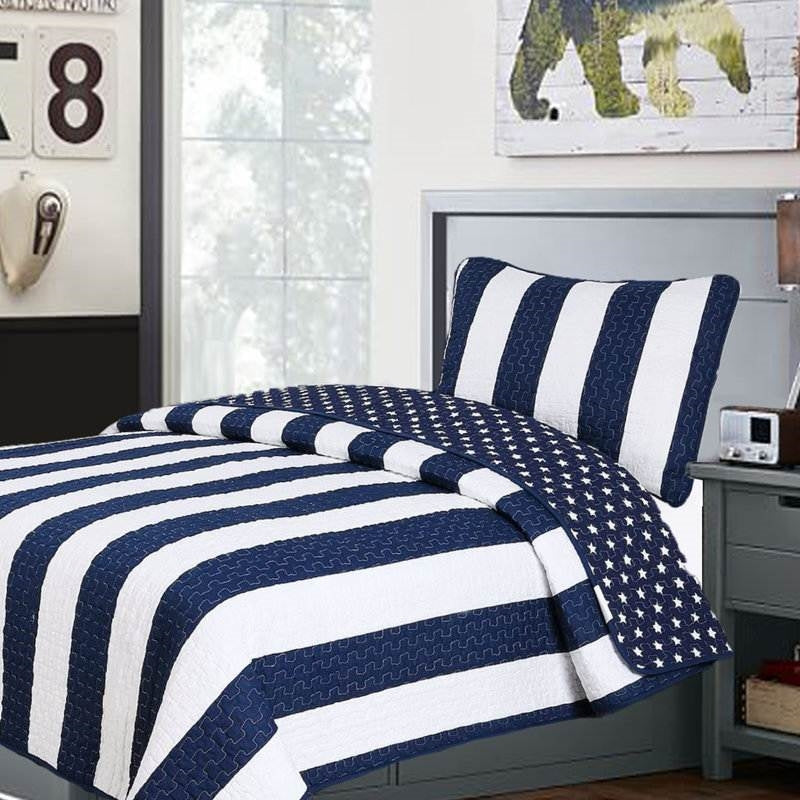 Navy Stars & Stripes Reversible Cotton Quilt Set – King