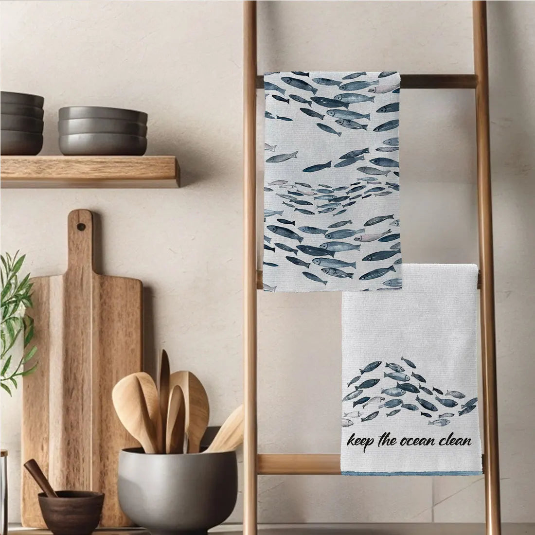 Blue Watercolor Fish Kitchen Towels – Set of 2