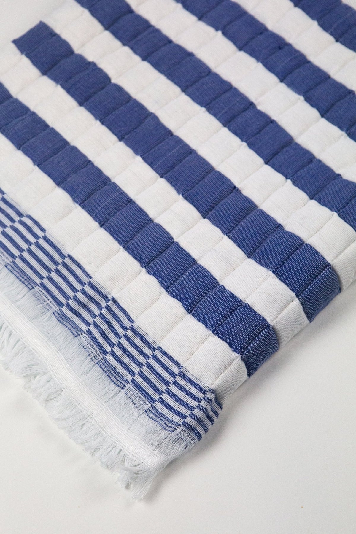 Handwoven Sujani Quilted Throw – Blue & White Stripe