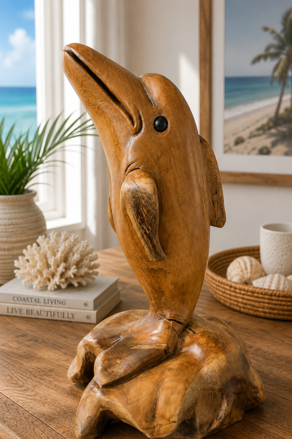 Hand-Carved Teak Dolphin Sculpture