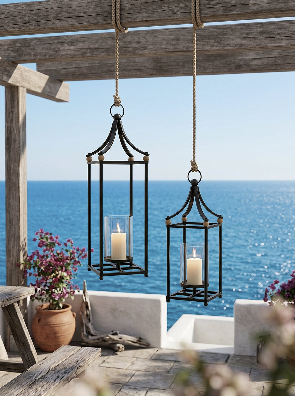 Arched Iron & Wood Lanterns – Set of 2