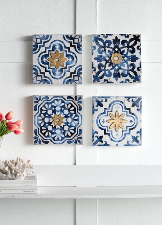 Blue, White & Gold Abstract Wall Art – Set of 4