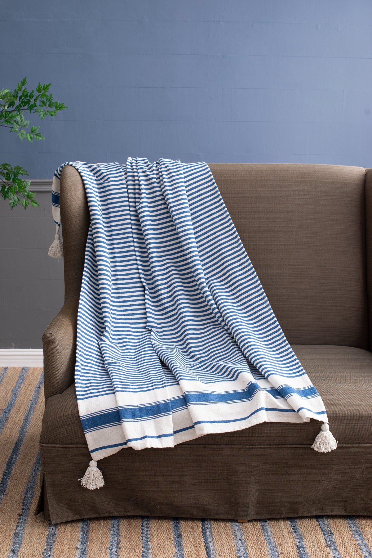 Blue & White Striped Cotton Throw Blanket