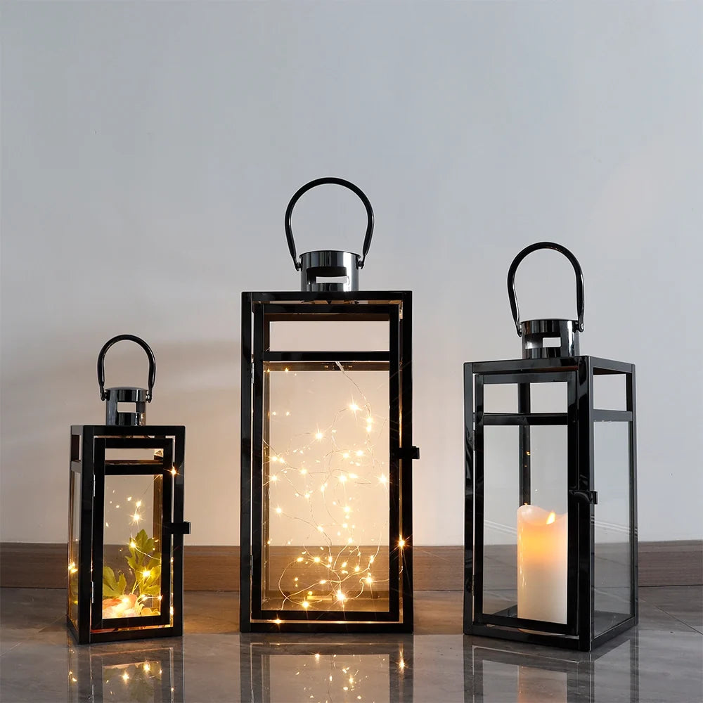 Metal & Glass Candle Lanterns – Set of 3