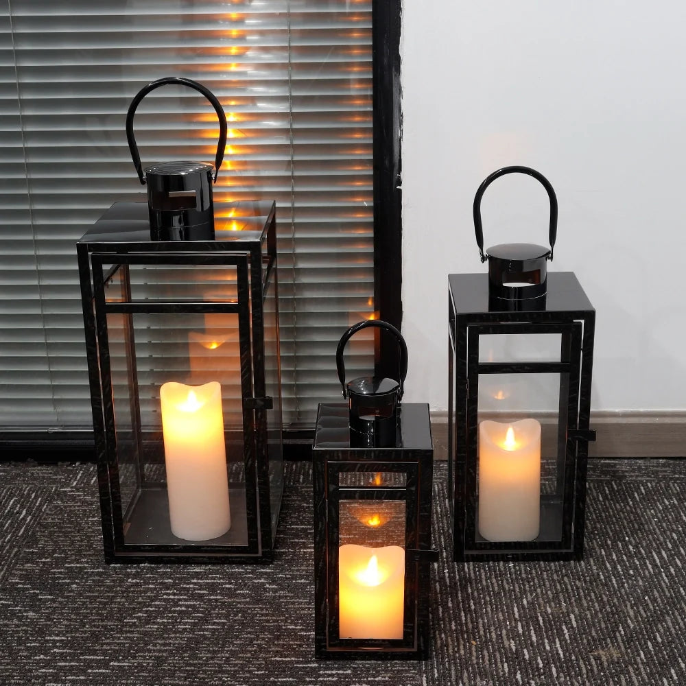 Metal & Glass Candle Lanterns – Set of 3