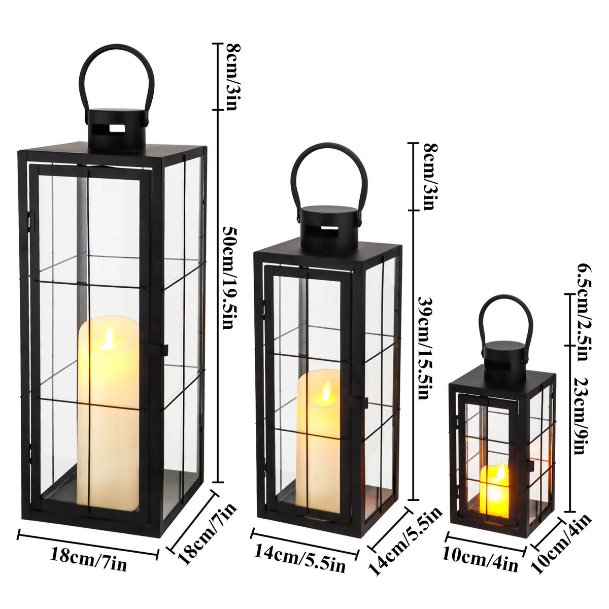 Metal & Glass Candle Lanterns – Set of 3