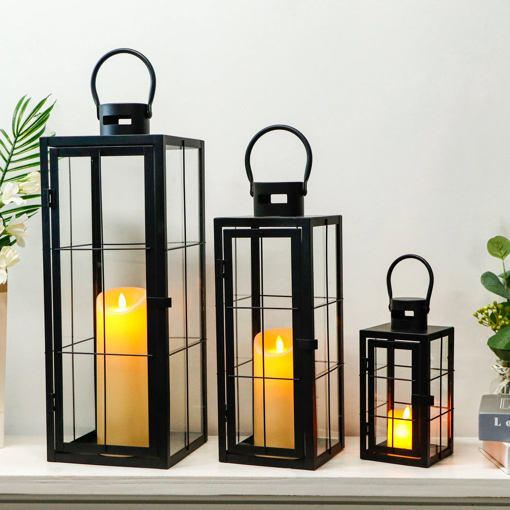 Metal & Glass Candle Lanterns – Set of 3