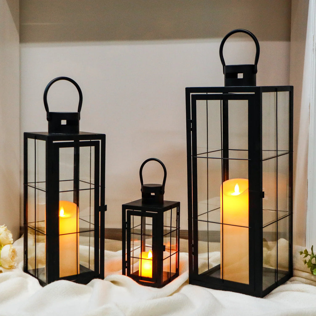 Metal & Glass Candle Lanterns – Set of 3
