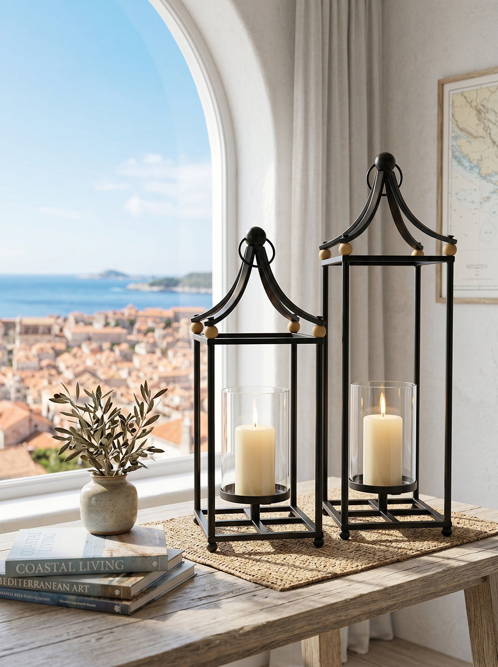 Arched Iron & Wood Lanterns – Set of 2