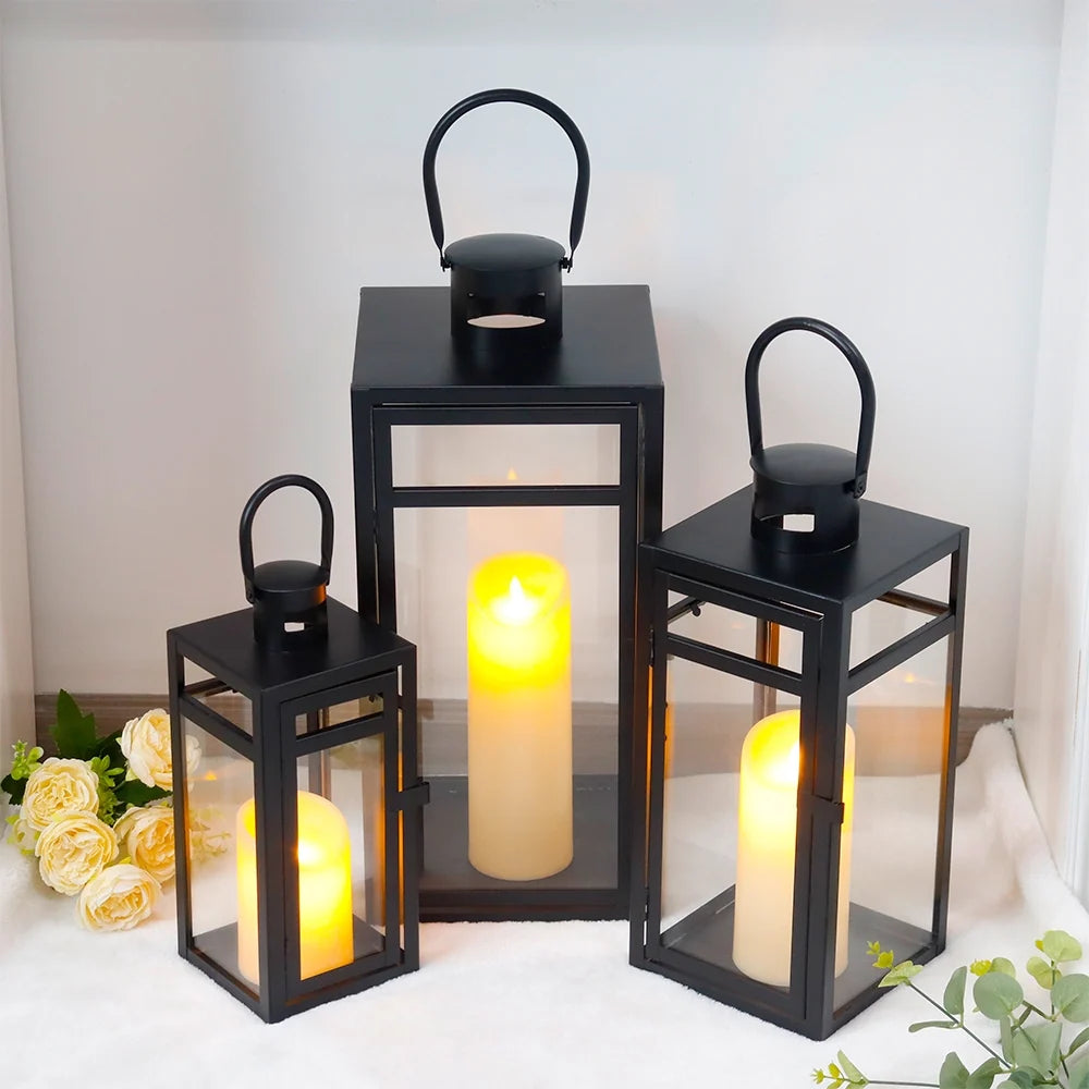 Metal & Glass Candle Lanterns – Set of 3