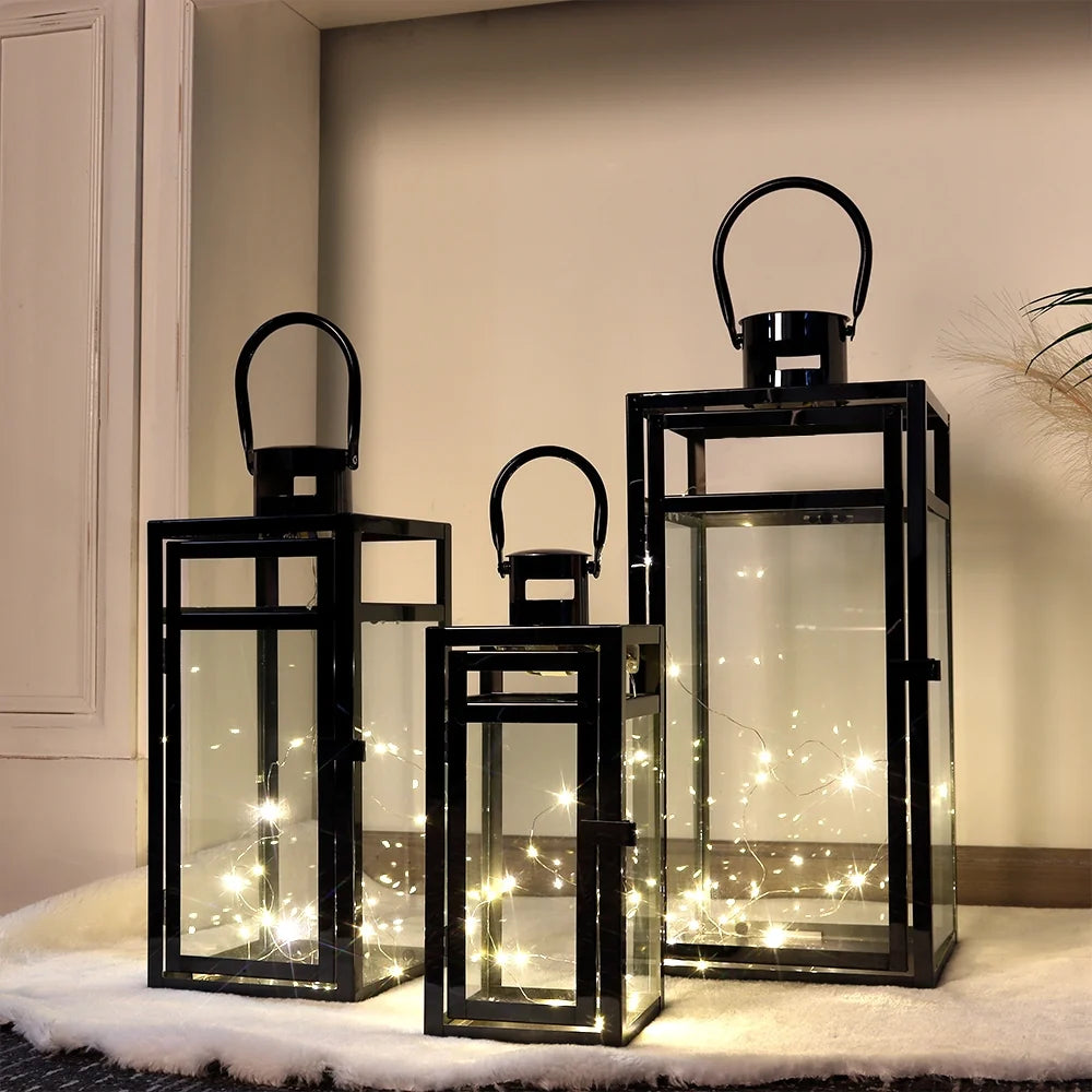 Metal & Glass Candle Lanterns – Set of 3