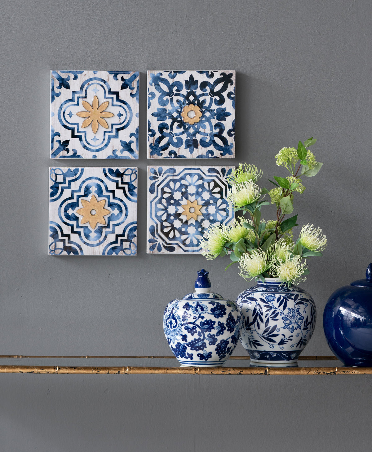 Blue, White & Gold Abstract Wall Art – Set of 4