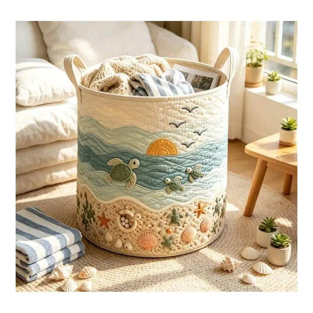 Coastal Turtle Quilted Laundry Basket