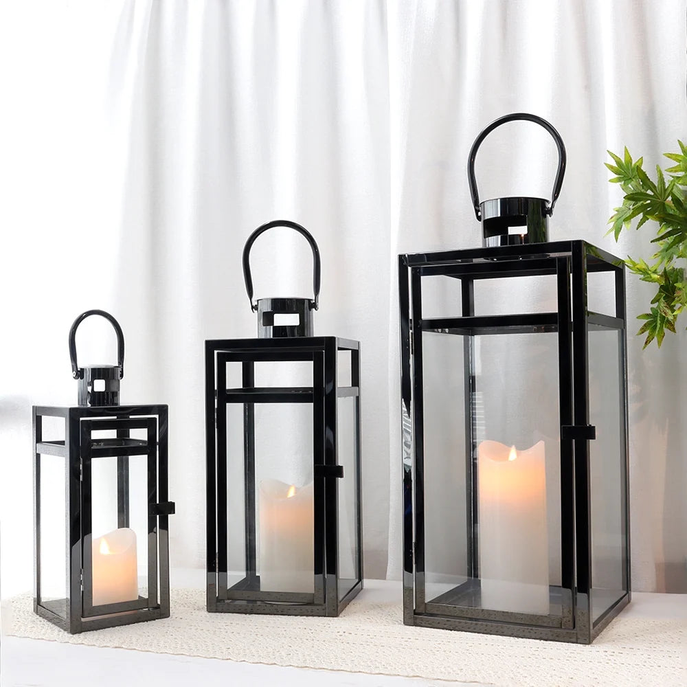 Metal & Glass Candle Lanterns – Set of 3